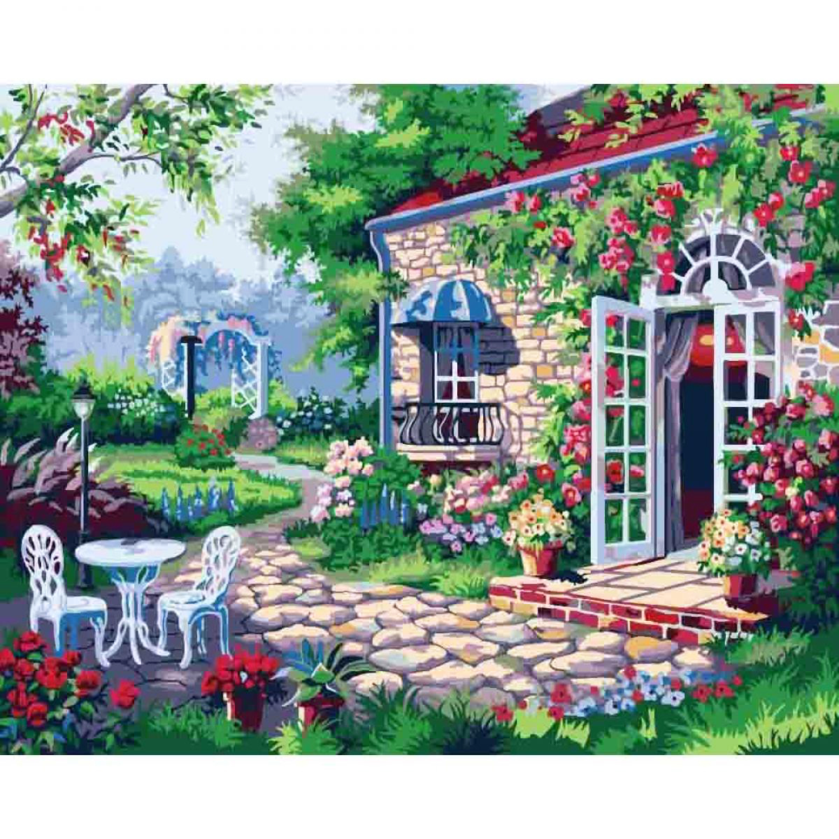 Tranh sơn dầu số hóa tự tô đã căn khung 40x50cm- E111 ngôi nhà hoa nắng