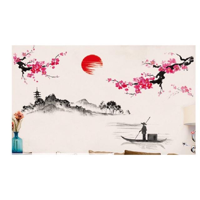 Decal dán tường Hoa đào, ông lái đò và ánh trăng