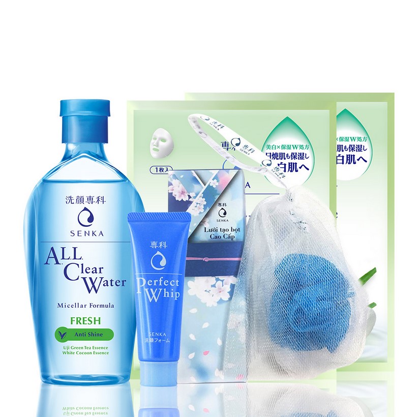 Bộ chăm sóc da Senka (A.L.L.Clear Water Fresh 230ml+ Perfect Aqua White Mask – Soothing White 25ml+ Senka Perfect Whip 50g+ lưới tạo bọt)