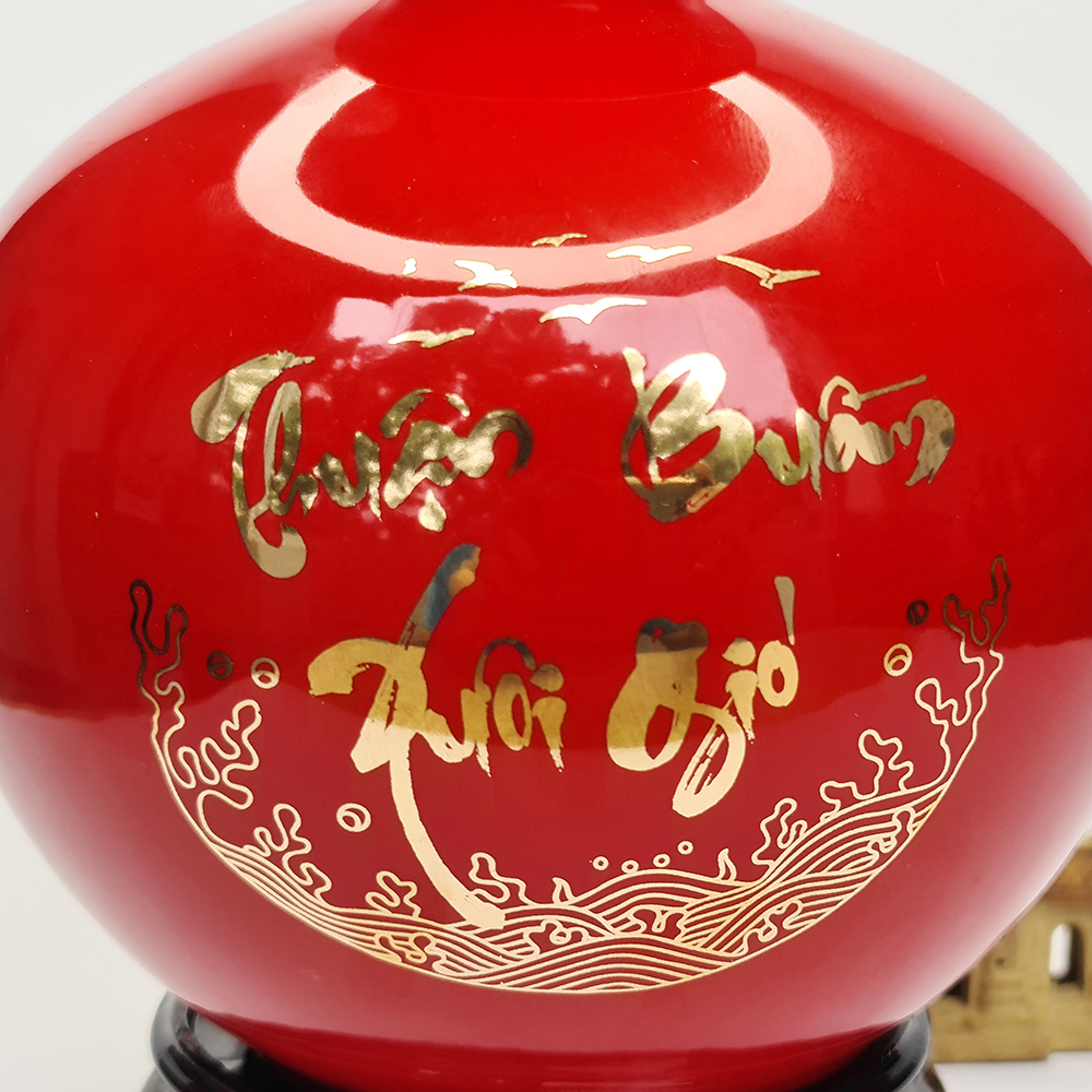 Bình Hút Lộc Gốm Sứ Đỏ Vẽ Vàng - Thuận Buồm Xuôi Gió - S2 - Mx - Đường Kính 20 Cm - Cao 22 Cm