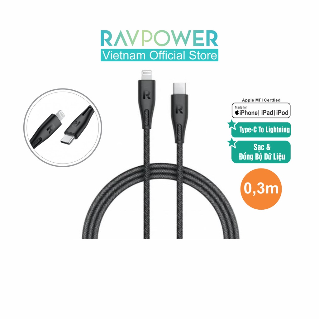 Dây Cáp Sạc RAVPower RP-CB1003 0,3M Hàng Chính Hãng