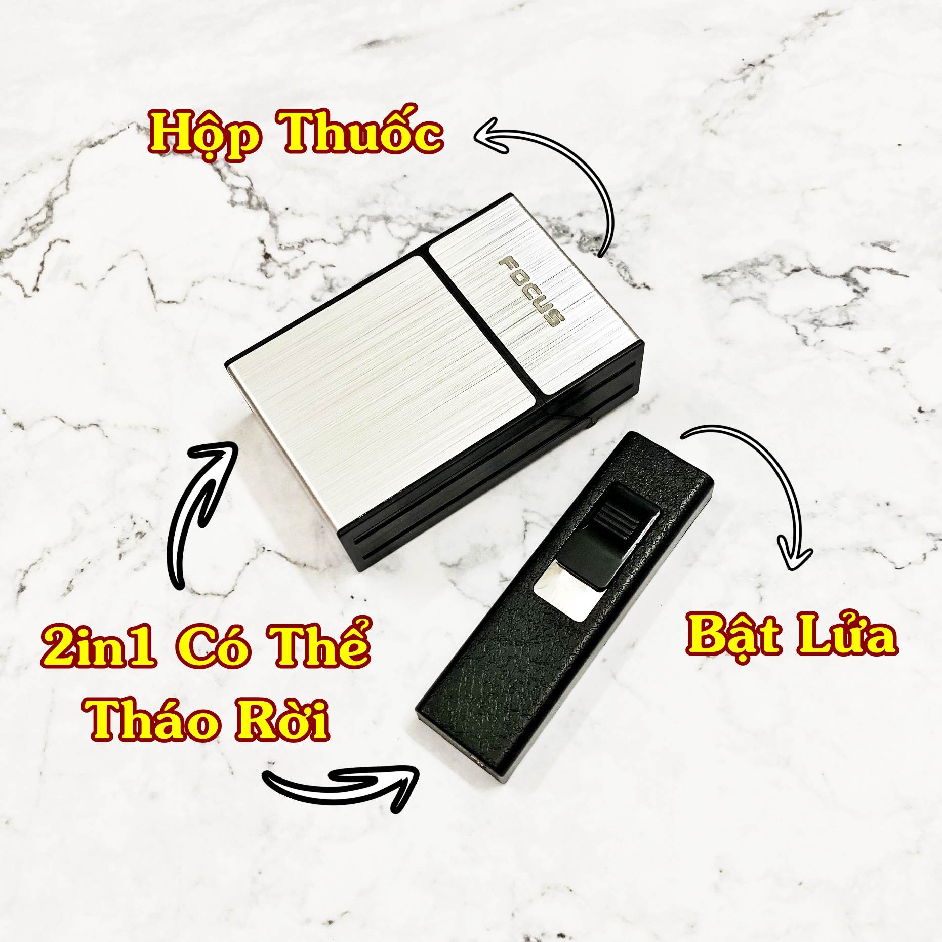 Hộp quẹt bật lửa khè - hộp thuốc focus 2in1 - có thể tháo rời (để được 20 điếu thuốc) - (xài gas)