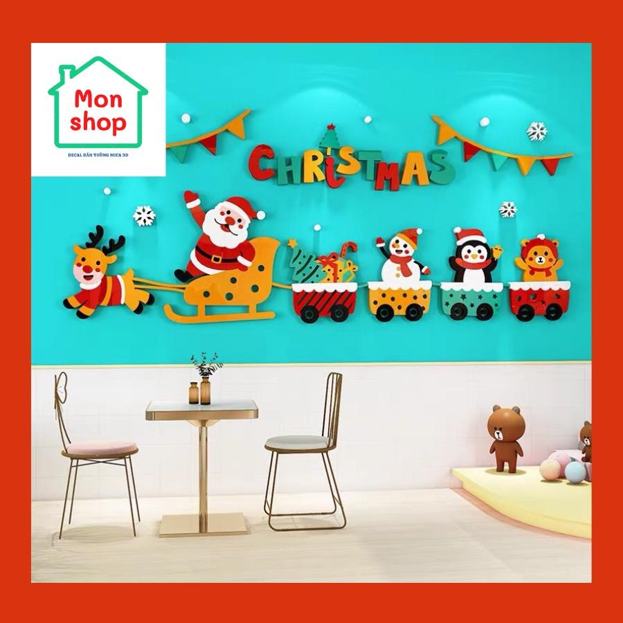 Decal dán tường trang trí Giáng Sinh hình ông già Noel cùng chú tuần lộc, người Tuyết, trang trí cửa kính cửa hàng