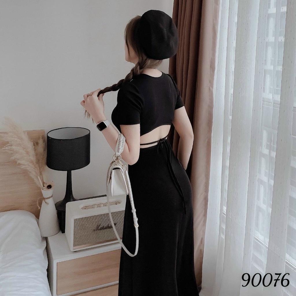 Đầm váy nữ dự tiệc bo tăm tay ngắn lưng hở màu đỏ đen dịp lễ tết sang trọng