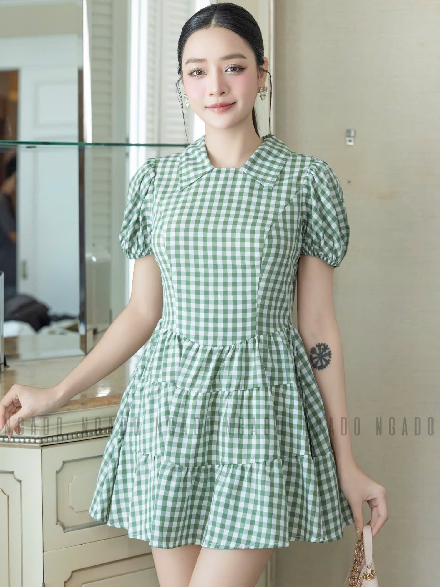 Đầm caro xanh cổ sơ mi NGADO , đầm kẻ caro , đầm kiểu Nữ
