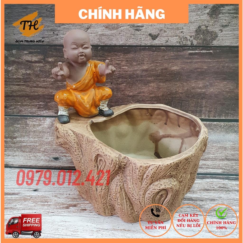 Chậu tượng Chú Tiểu tập võ mini gốm Bát Tràng trồng bonsai cây cảnh để bàn