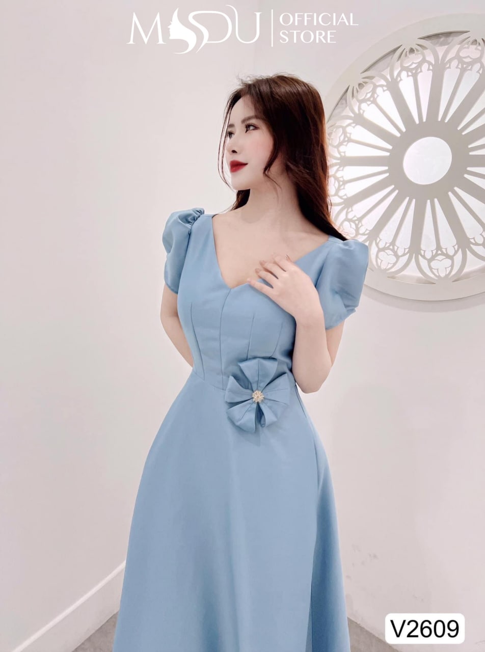 Váy đầm chất chất tafta xanh ngọc cổ V dáng xòe  V2609 - Glady design [kèm ảnh thật