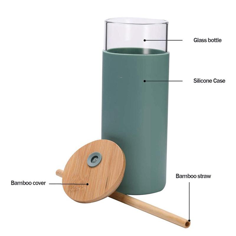 2 Pcs Bamboo Cover Glass Cup with Bamboo Straw Glass Juice Cup Silicone Sleeve Glass Water Cup Leak-Proof Black Green