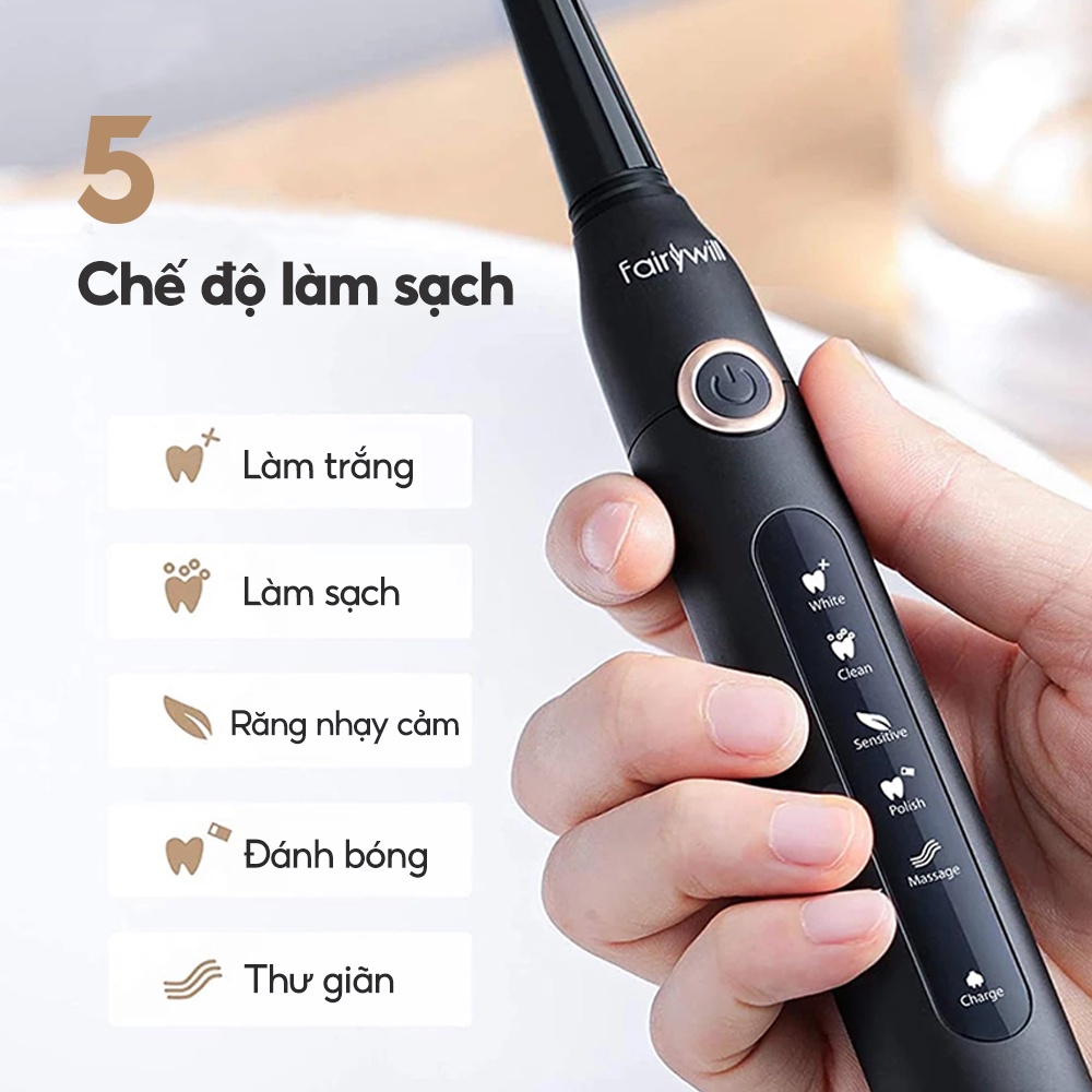 Bàn chải đánh răng điện Fairywill 507 kèm 8 đầu thay thế - Hàng chính hãng