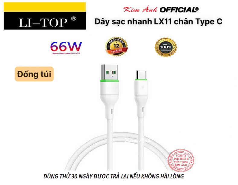 Dây sạc nhanh LI-TOP LX11 chân Type C (Túi) công suất 66W, Kim Ánh cho dùng thử 30 ngày, bảo hành hàng chính hãng 12 tháng