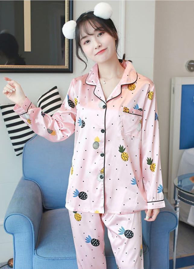 Bộ đồ ngủ Pijama tay dài quần dài phi bóng hoạ tiết trái thơm dễ thương CDANP11 hồng cam