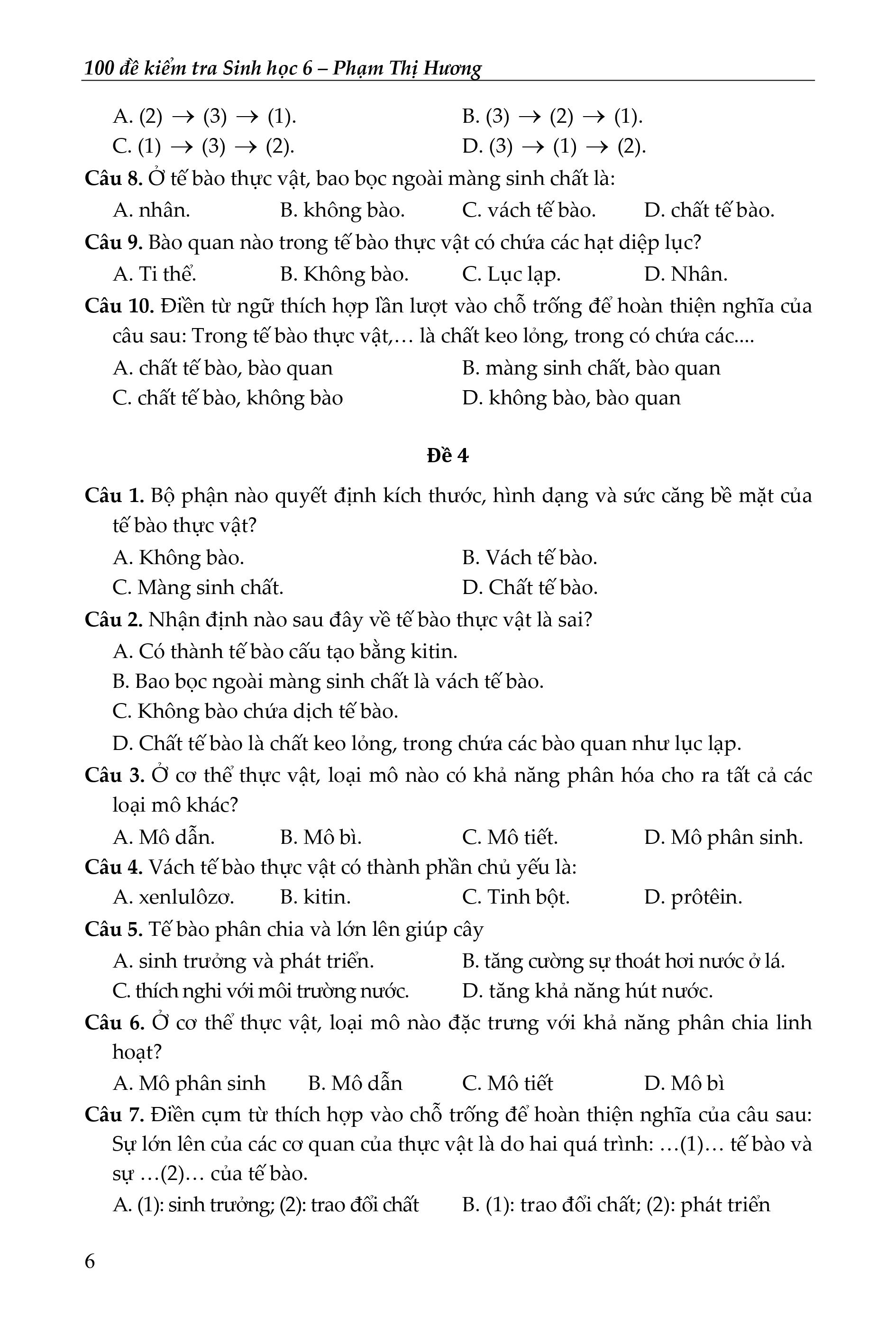 100 Đề Kiểm Tra Sinh Học 6