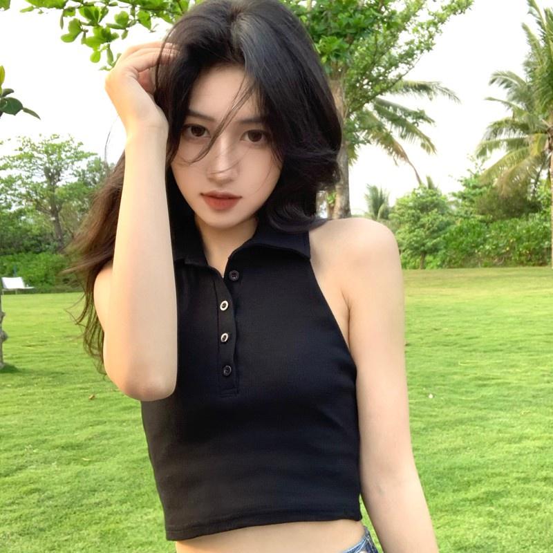Áo Croptop 3 Lỗ Cổ Bẻ Cúc Cài Áo Croptop Sát Nách