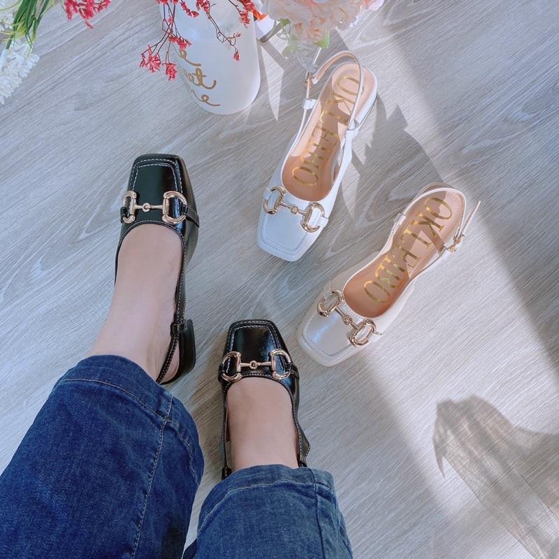 Giày cao gót 3p, giày cao gót mũi vuông khóa OKLEIBO gót vuông 3cm màu đen và trắng size 35 đến 39