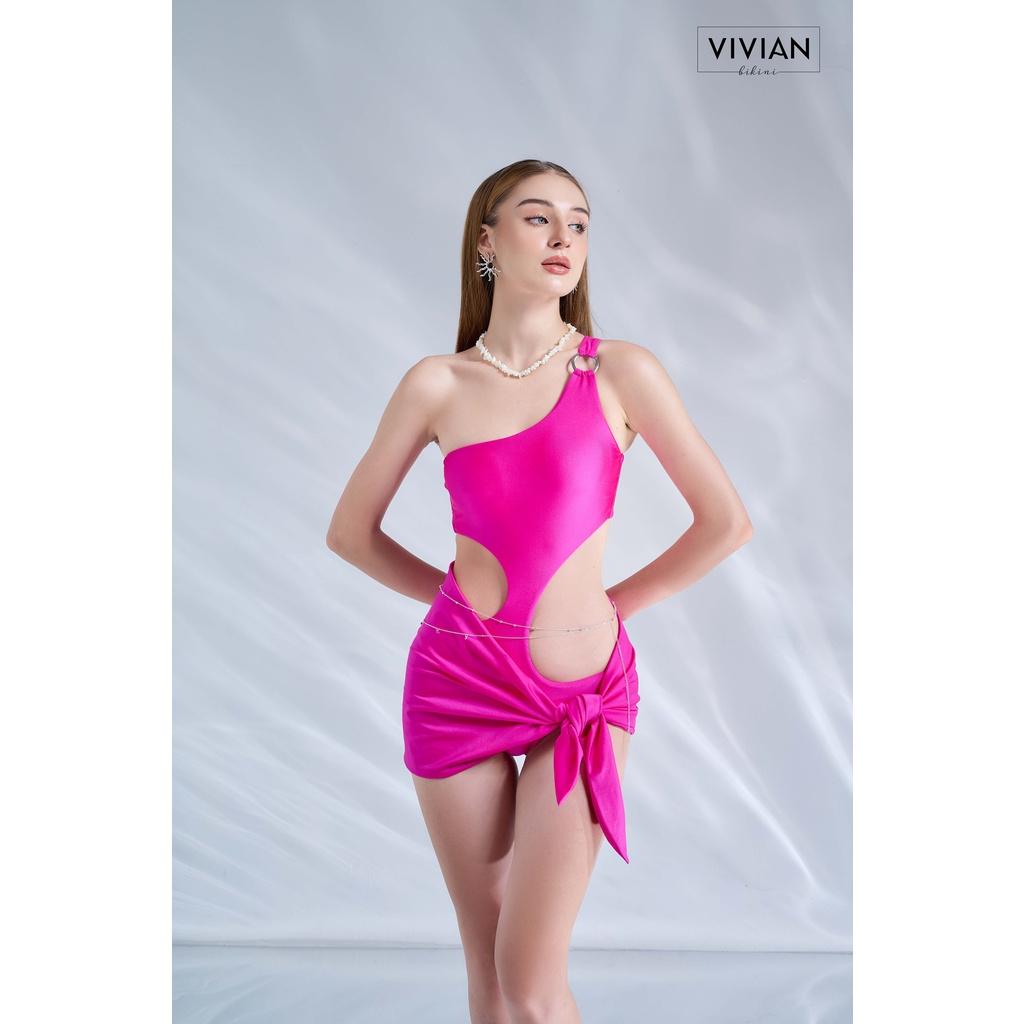 Đồ bơi nữ cao cấp  dạng một mảnh lệch vai cutout & phối váy cover cách điệu - Hồng - VS175_PK