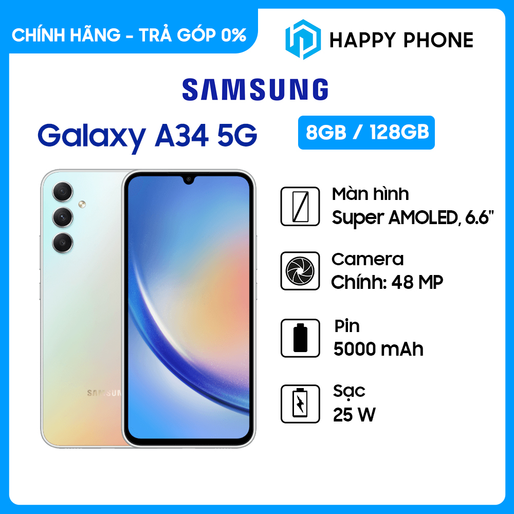 Điện thoại Samsung Galaxy A34 5G (8GB/128GB) - Hàng chính hãng - ĐÃ KÍCH HOẠT BẢO HÀNH ĐIỆN TỬ