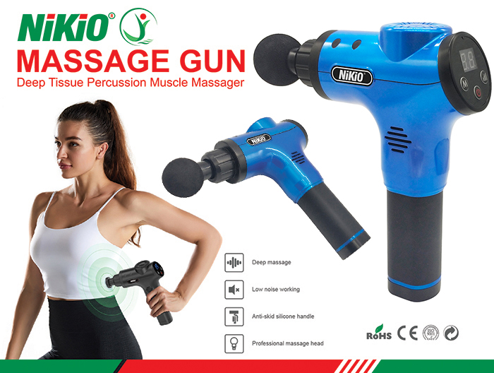 Súng (Máy) Massage Cầm Tay Nikio NK-170B - 6 Đầu Matxa, 5 Chế Độ, 6 Tốc Độ Mát Xa, Pin Sạc Không Dây 2000 mAh - Hỗ Trợ Giãn Cơ Toàn Thân, Giảm Đau Nhức Cơ Bắp Sau Vận Động - Màu Xanh dương