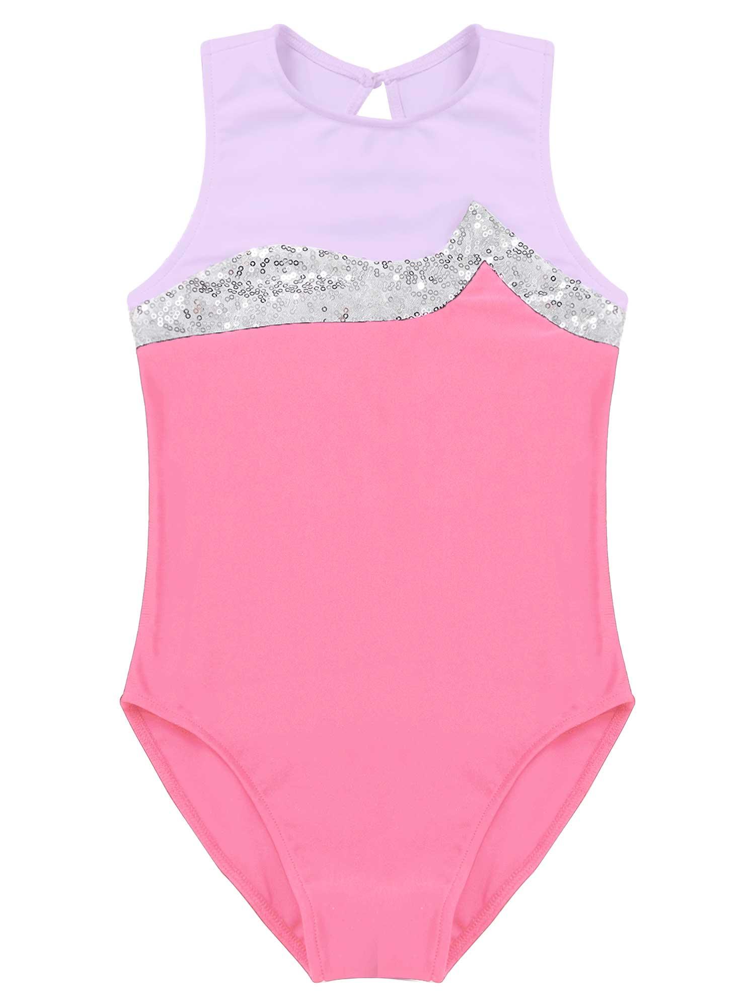 Trẻ em nữ không tay sáng bóng sequins thể dục dụng cụ thể dục dụng cụ với v-front eo quần short nhảy thể thao trang phục múa ba lê Color: Pink Size: 12