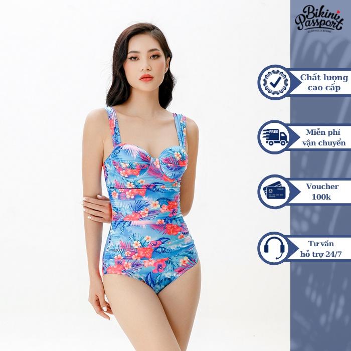 Bộ đồ bơi NỮ BIKINI PASSPORT kiểu Một mảnh áo gọng tạo nhún che bụng - Xanh da trời - BS397_BU
