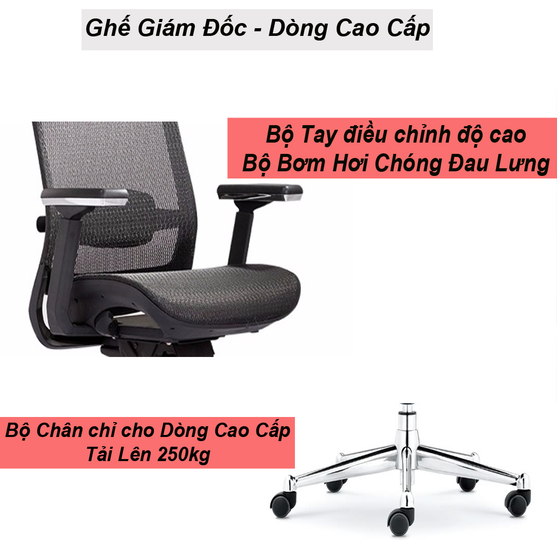 Ghế Văn Phòng Chân Xoay, Lưng Cao, Có Tựa Đầu, Ngã Lưng Thư Giãn, Phân Khúc Cao Cấp B106A-4-ĐEN