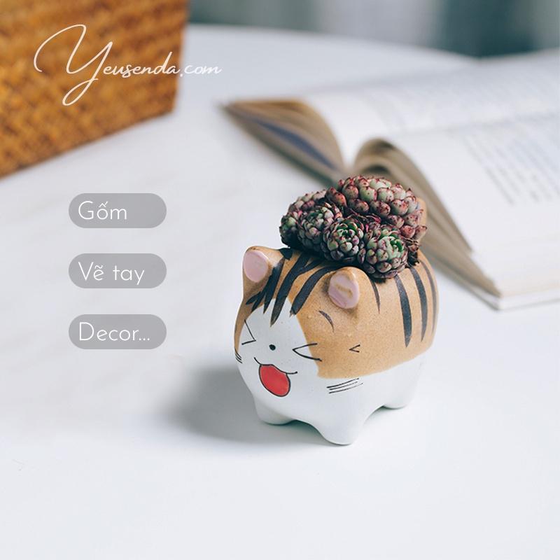 Chậu cây mini trồng Sen đá 5x7cm Mèo con đáng yêu (Gốm