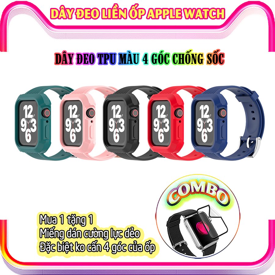 Dây Đeo liền ốp dành cho Apple Watch size 38/40/42/44mm TPU màu 4 góc chống sốc - Đen (tặng dán KCL theo size)