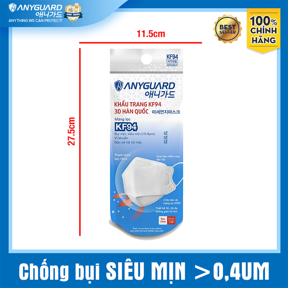 ComBo 10 Chiếc Khẩu Trang KF94 - Form 3D Cao Cấp Chống Bụi Siêu Mịn 0.4um Anyguard Chính Hãng - 4 Lớp Bảo Vệ Tối Ưu Dành Cho Người Lớn - ISO 9001:2015, ISO 13485:2016, QCVN 01:2017/BTC