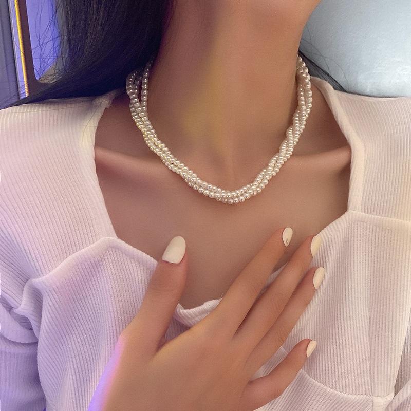 N410 choker vòng cổ hạt Trai, dây chuyền hạt bẹt dây chuyền mang áo dài 3 sợi hạt 6mm xoắn, sang trọng cho nữ