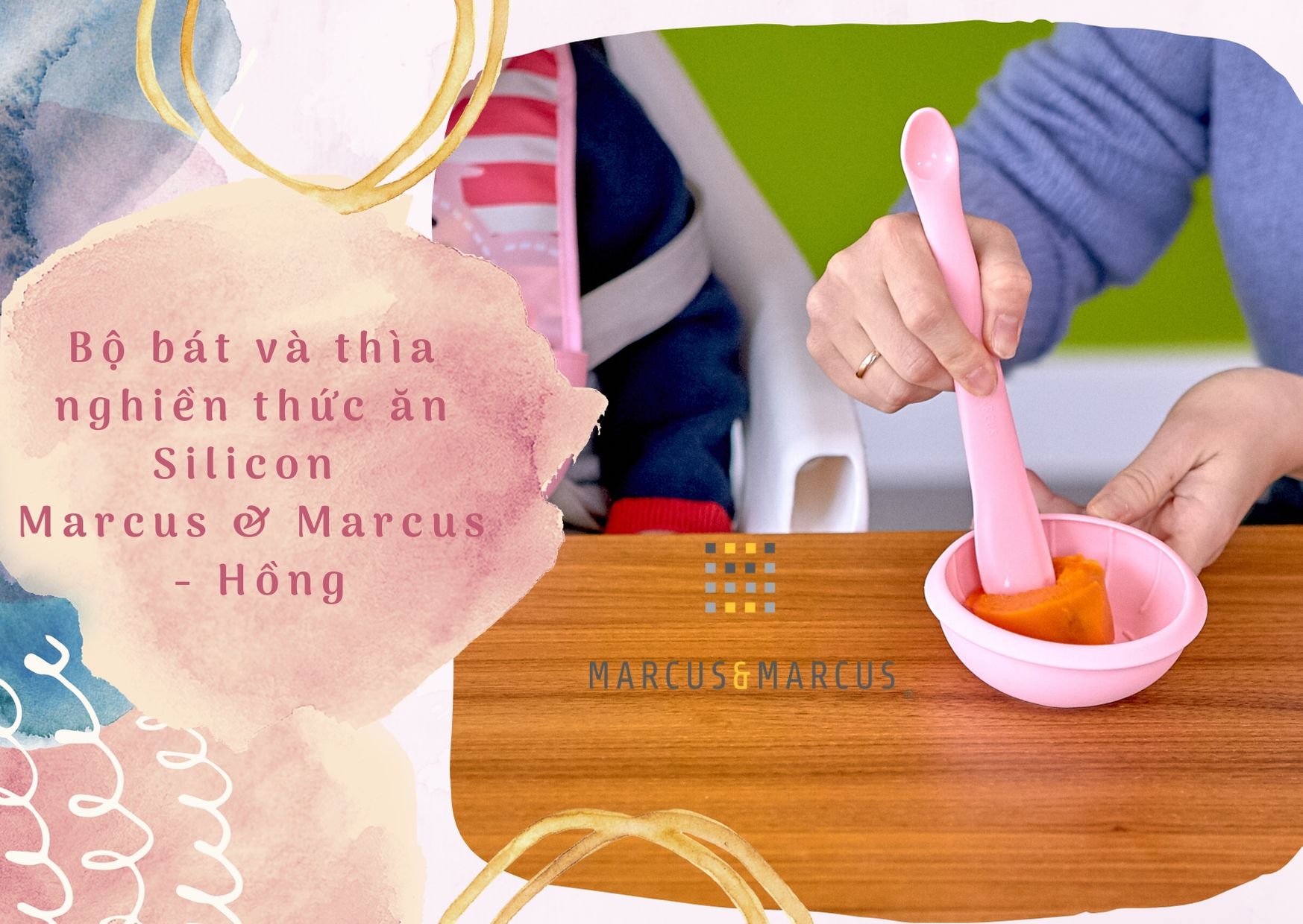 Bộ bát và thìa nghiền thức ăn silicon cho bé Marcus & Marcus, từ 6 tháng - Hồng