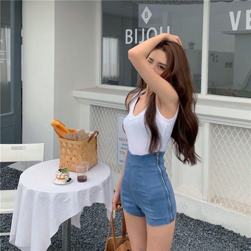 Quần đùi Jean mỏng lưng cao, chất co dãn phối dây kéo 2 bên lạ mắt, dưới 45kg