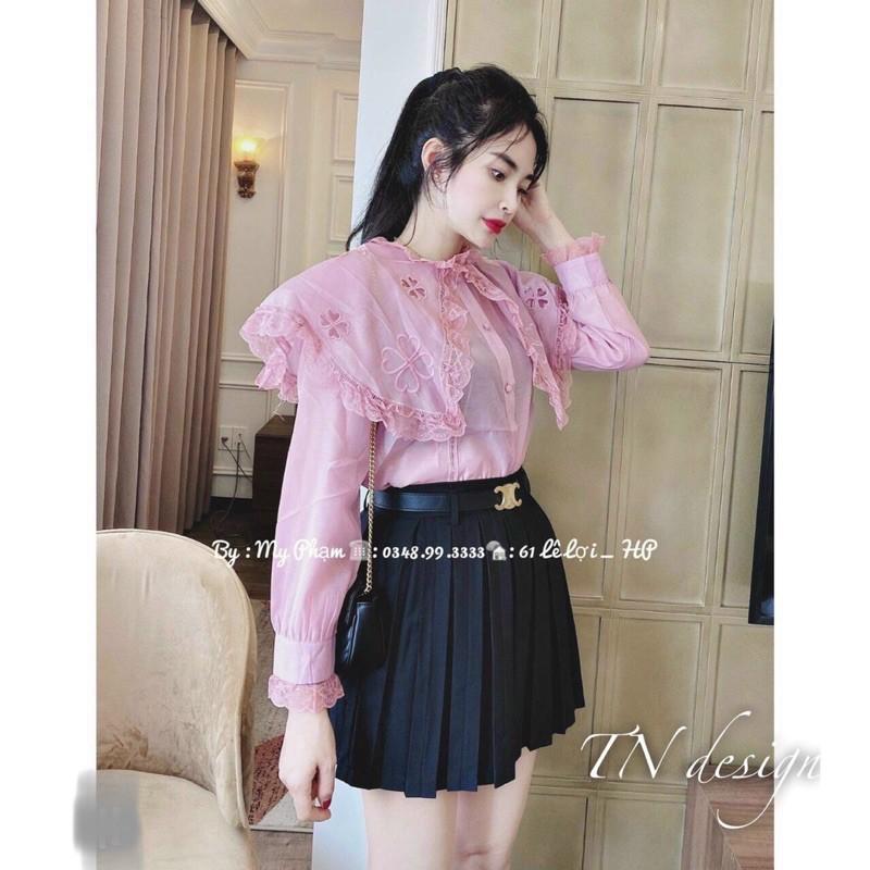 Áo sơmi cổ sen thêu viền ren