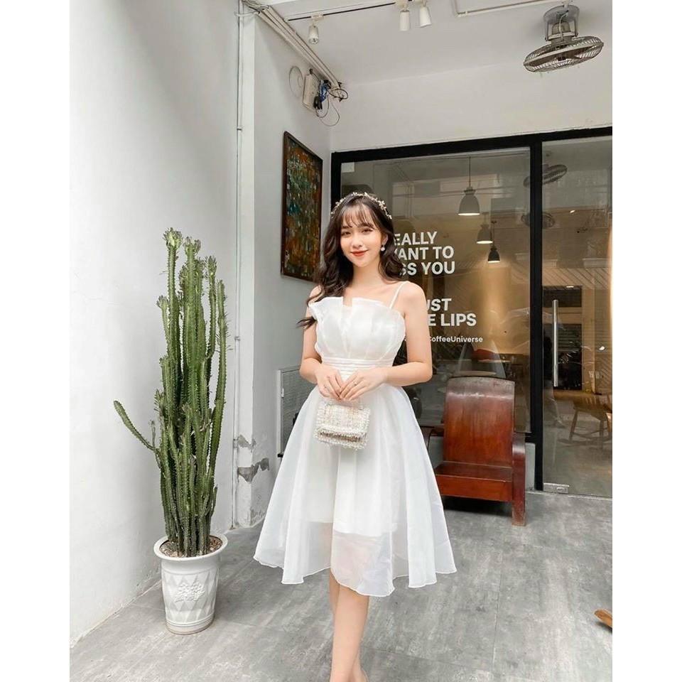Váy trắng xếp ly ngực con sò dáng xòe CHAMY DRESS - V024