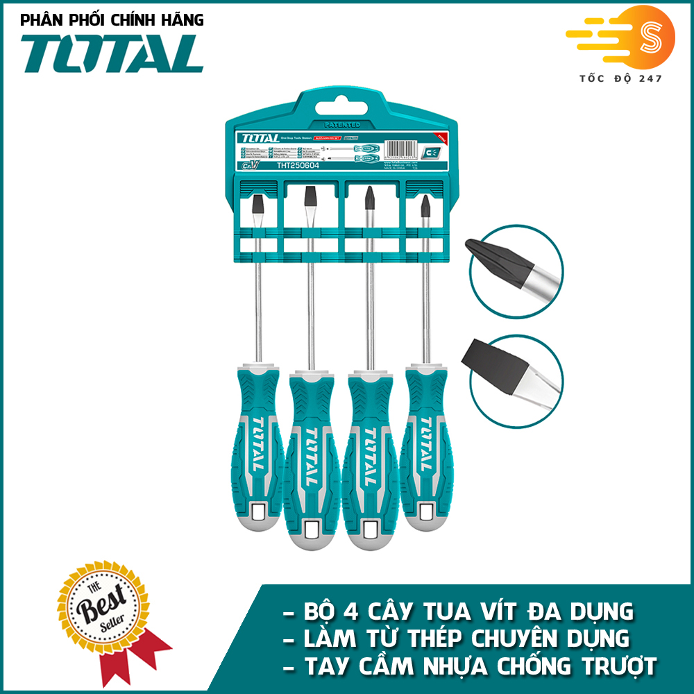 Bộ 4 cây tua vít dẹp, bake đa năng TOTAL THT250604 - Thép chuyên dụng CR-V, tay cầm nhựa chắc chắn, bền bỉ