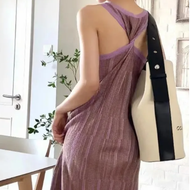 TOBE1SHOP Vintage màu tím kỳ nghỉ hiển thị mỏng sọc dệt kim treo váy maxi boho tay áo dệt kim vest đầm cho phụ nữ