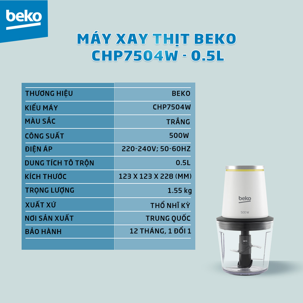 Máy Xay Thịt BEKO 0,5L Với 2 Lưỡi Dao Kép Chất Liệu INOX Cao Cấp, Dễ Dàng Vệ Sinh, An Toàn Cho Người Dùng - CHP7504W - Hàng Chính Hãng