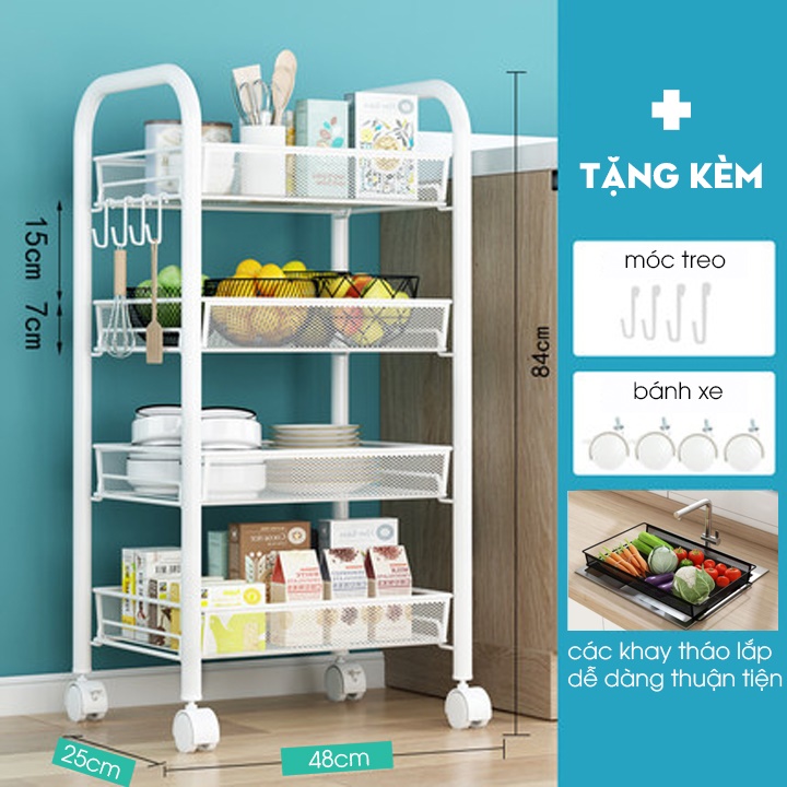 Kệ Để Đồ Đa Năng Di Động 4 Tầng Thông Minh Có Bánh Xe Điều Chỉnh 360 Độ Tiện Dụng