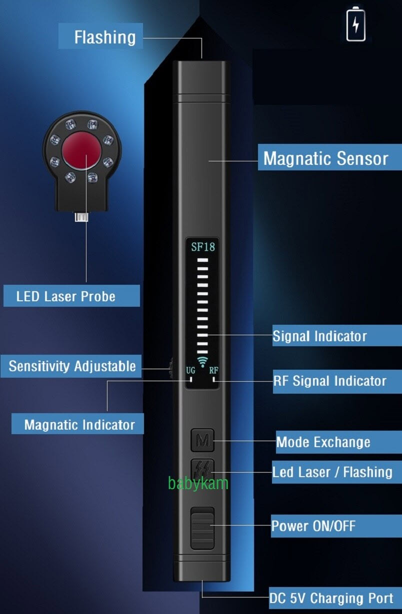 RF Detector SF18 - Thiết bị phát hiện máy ghi âm, camera wifi SF18 - Máy phát hiện camera , máy ghi âm SF18. SF18 spy camera pen rf signal detector hidden camera pen camera mini camera gps tracker gsm wiretapping radio scanner finder