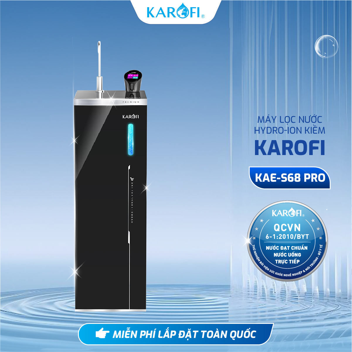 Máy lọc nước Hydro-ion kiềm Karofi KAE-S68 PRO, 5 tấm điện cực tin tan, 4 chế độ nước - Hàng Chính Hãng