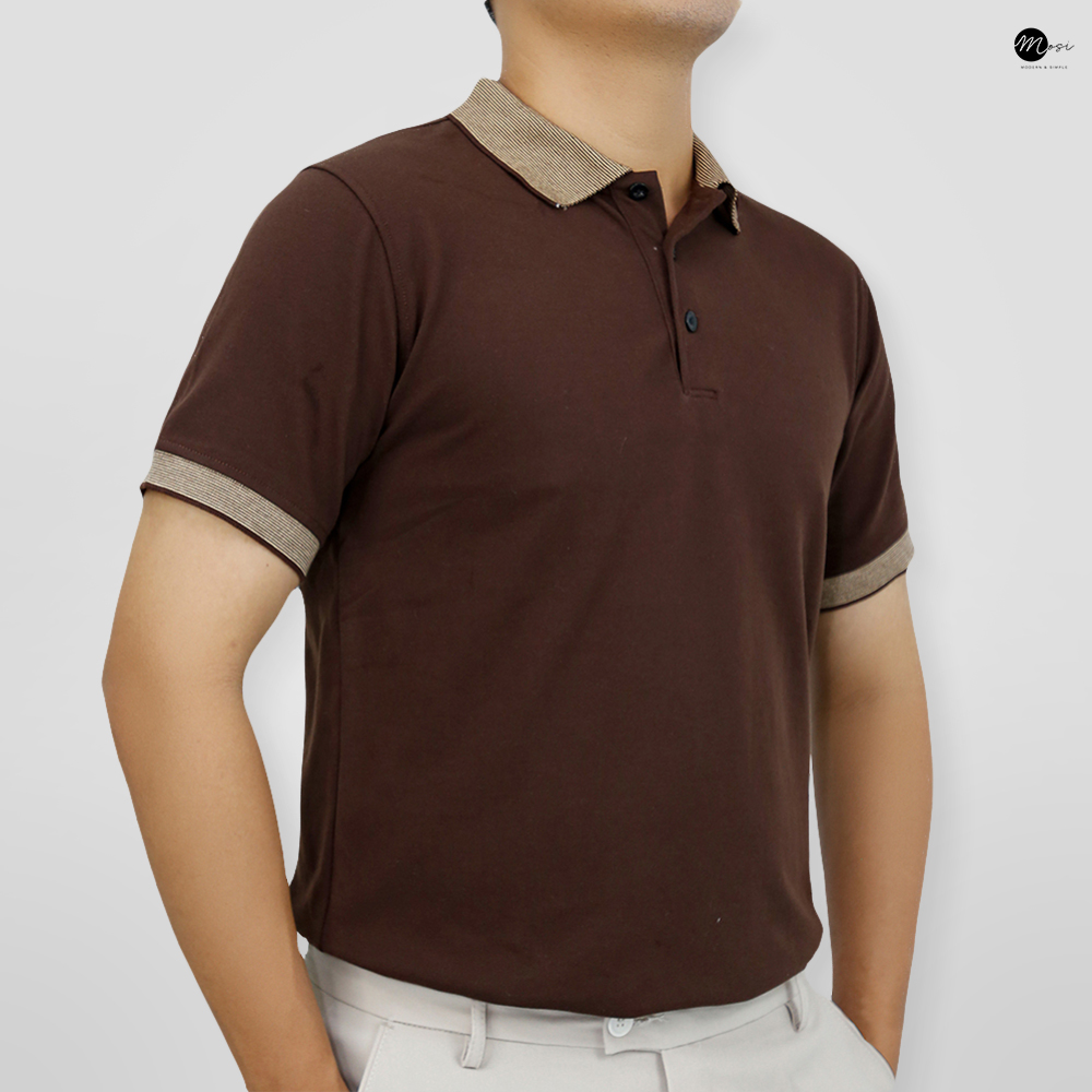 Áo polo nam cổ bẻ phối viền vải cotton chuẩn form, lịch sự, năng động, NÂU ĐẤT - MOSI