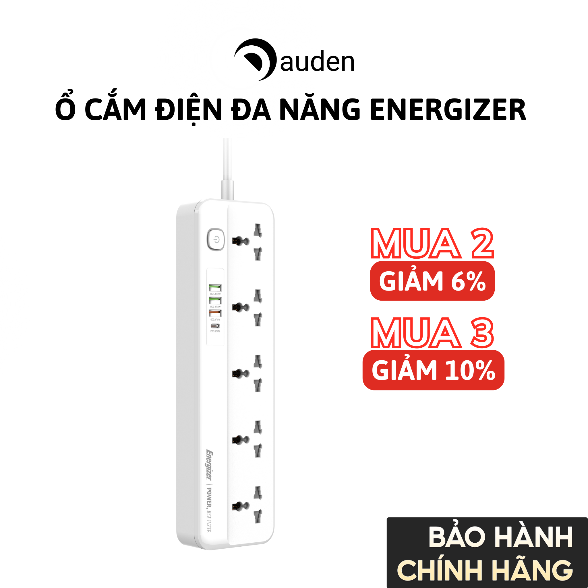 Ổ điện đa năng Energizer 5AC kèm 3USB-A và 1USB-C sạc nhanh PD (max 20W) - White - Chịu tải tối đa 2500W - Hàng chính hãng