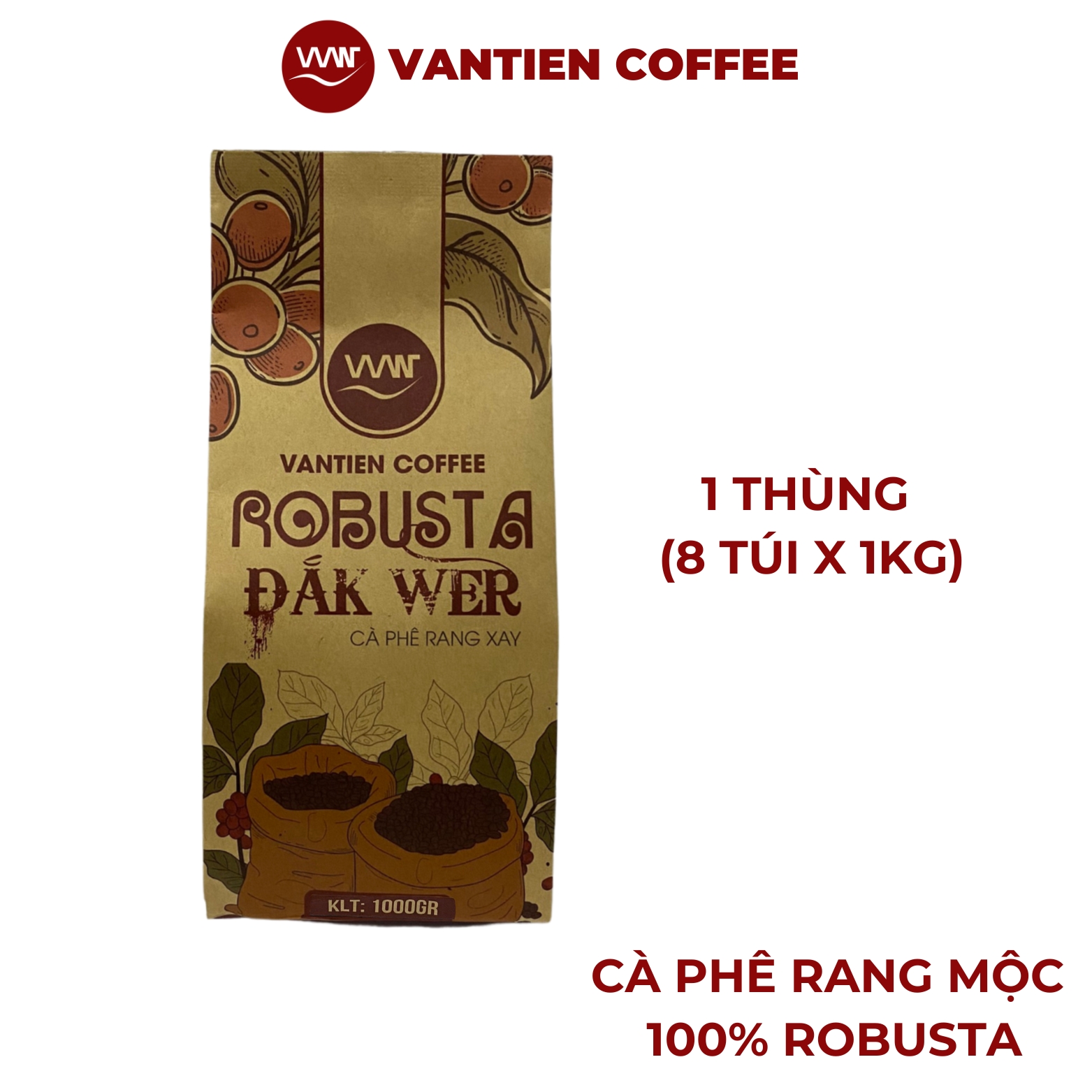 Thùng 8 túi Cà phê rang xay Robusta Đắk Wer Vantien Coffee 1kg/túi