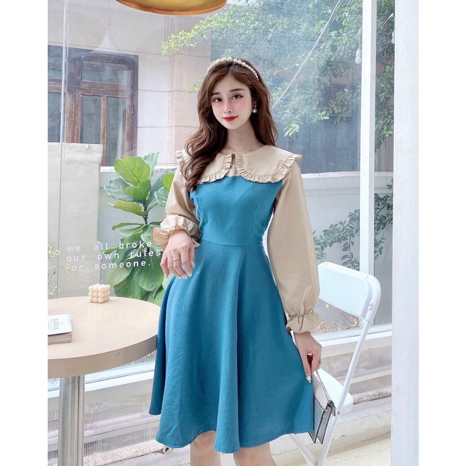 ĐẦM XANH PHỐI CỔ NÂU BÈO-Hình shop chụp thật