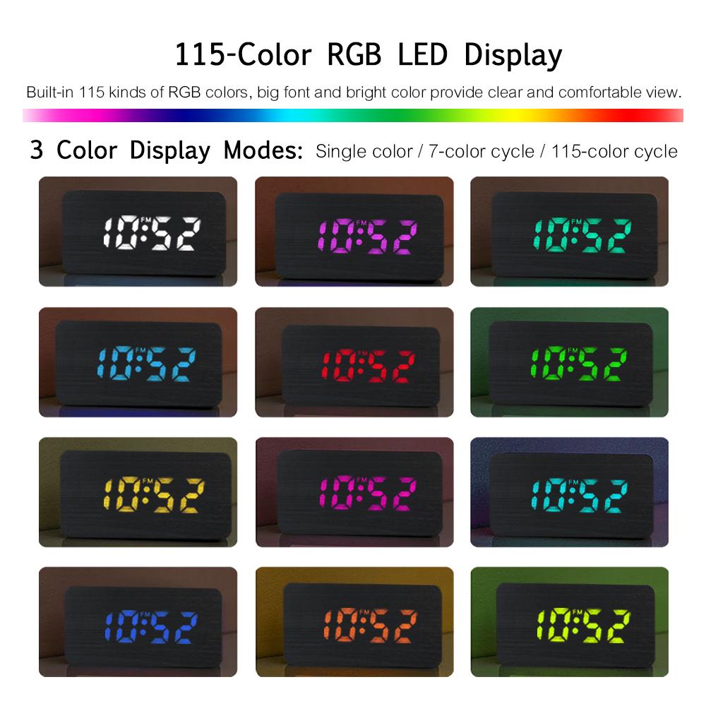 Đồng hồ báo thức bằng gỗ tuyệt vời, với màn hình LED RGB 115 màu sạc USB, hoàn hảo cho việc sử dụng tại nhà và văn phòng