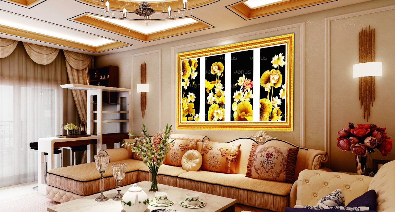 Tranh đính đá Tứ quý kim sắc hoa sen 145X75cm - chưa đính