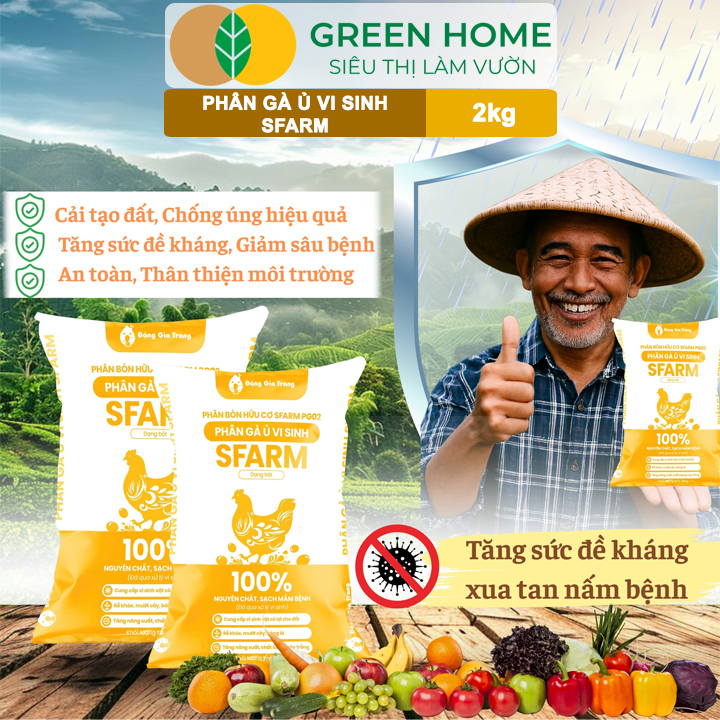 Phân Gà Ủ Vi Sinh Sfarm Greenhome, Bao 2kg, Cải Tạo Đất, Tăng Sức Đề Kháng, Tăng Năng Suất Cây Trồng