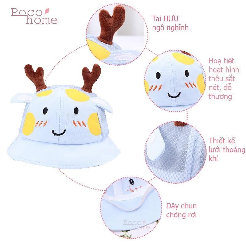 Mũ nón rộng vành chất liệu cotton mềm thiết kế lưới thoáng khí cho bé hoạt hình Hưu thêu chi tiết sắt nét dễ thương Poco