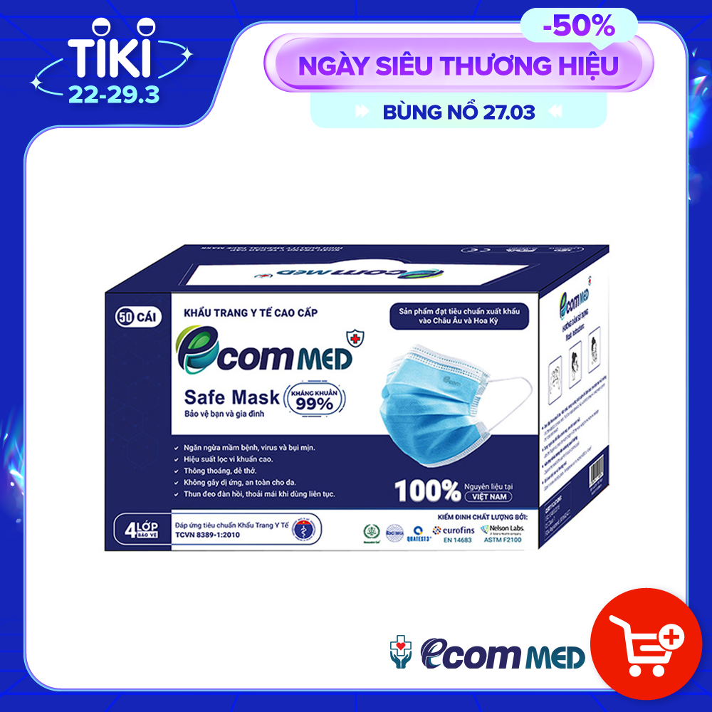 Khẩu Trang Y Tế EcomMed 4 lớp Kháng Khuẩn 99% (Hộp 50 cái) - Màu Xanh