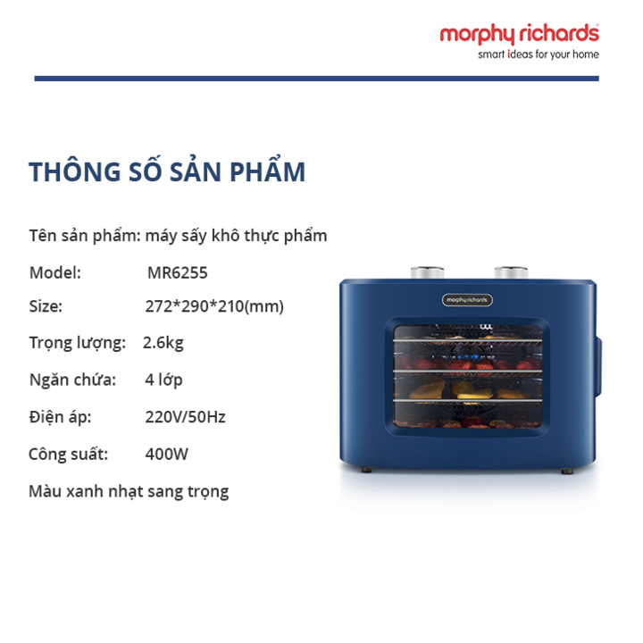 Máy sấy thực phẩm Morphy Richards MR6255 Công suất: 400W Chế độ sấy 3D thông minh - HÀNG CHÍNH HÃNG