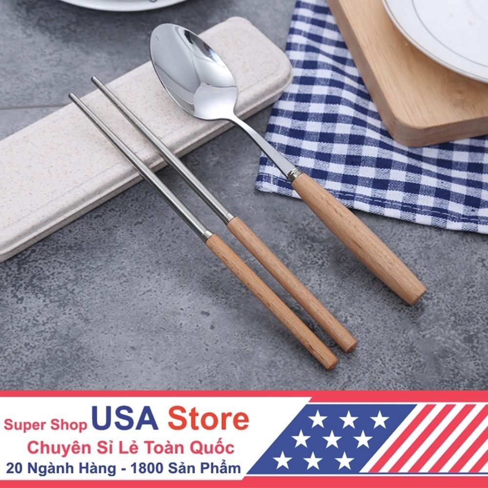 Set Đũa - Thìa Cá Nhân Ăn Cơm Trưa Văn Phòng INOX 304 Cán Gỗ T3 - Tặng Hộp Lúa Mạch Cao Cấp