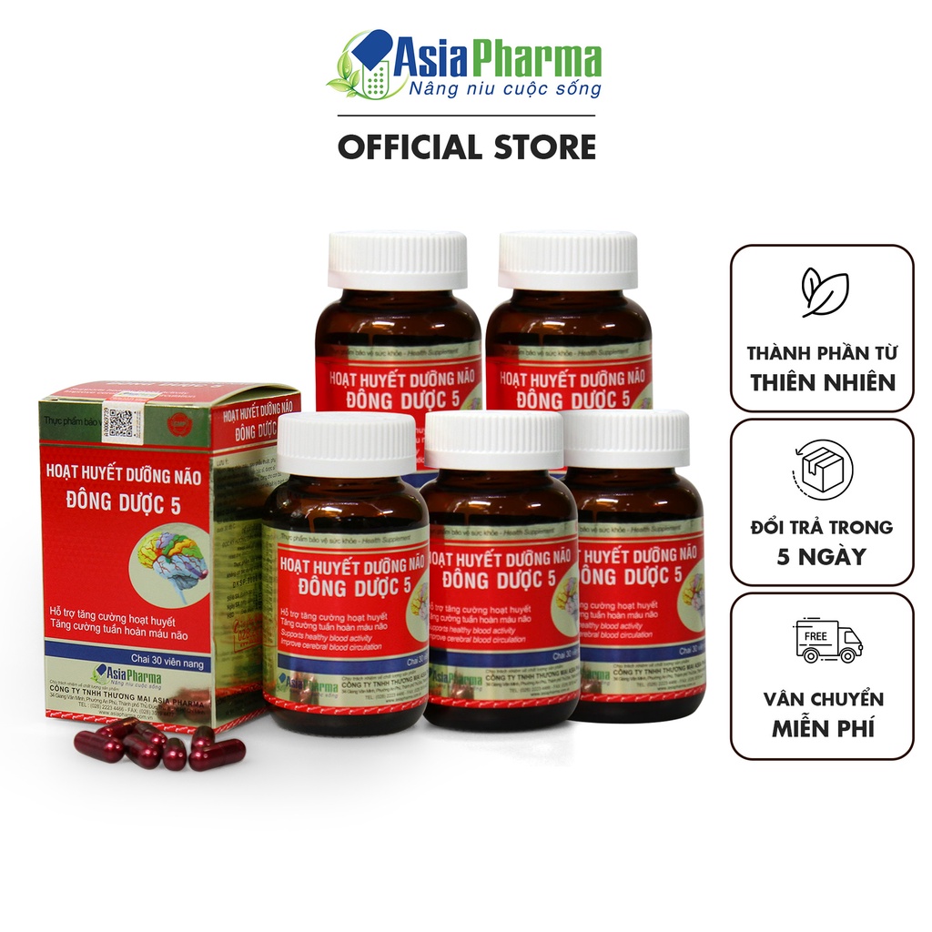Viên uống hoạt huyết dưỡng não Đông Dược 5 Asia Pharma hỗ trợ thiểu năng tuần hoàn não - Hộp 30 viên